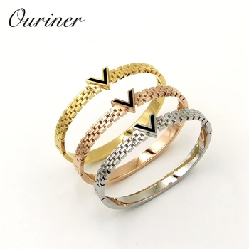 

Women Jewelry V Letter Black Enamel Bangle For Women Men Gold-Color Wristhand Belt Bangles Cuff Buckle Bracelets K0069