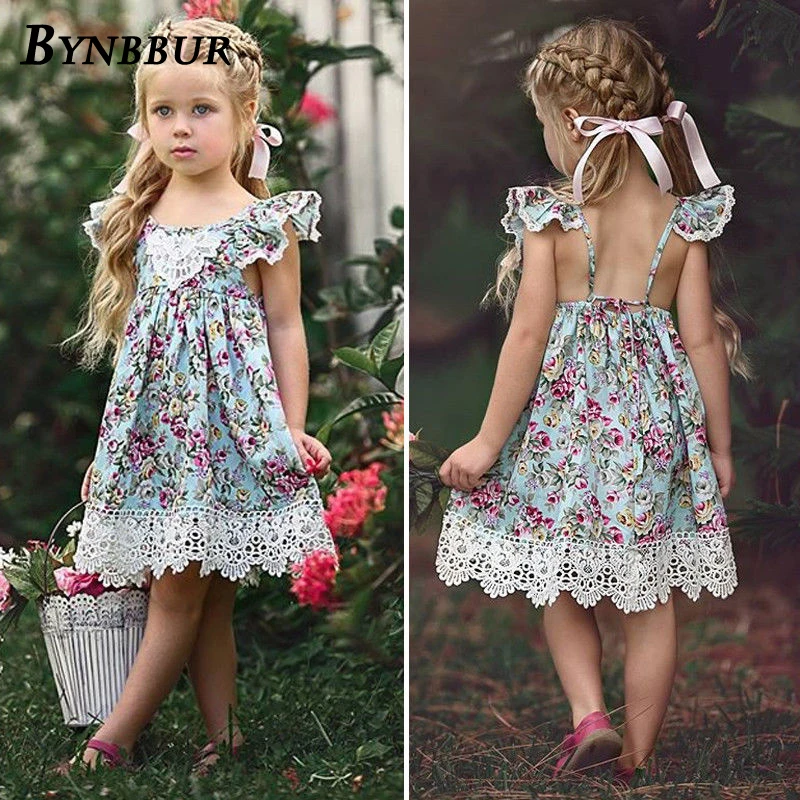 

Bynbbur Lace Patchwork Floral Print Dress Girls Party Dress Sleeveless Cute Baby Backless Kid Girl Mini Dress 2019 Summer New