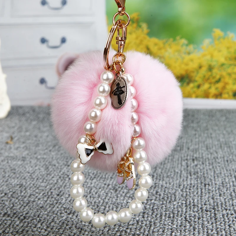 

Fur Keychain 8CM Fluffy Rabbit Fur Key Chain Pearl Crystal Shoes Bag Charm Pompon Keyring alloy Ballet Girl Fur Pompom Llaveros