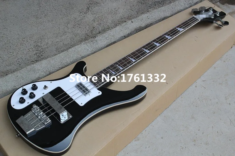 

Wholesale Factory Custom 4 strings black body left handed electric bass guitar with white pickguard,2 pickups,can be customized
