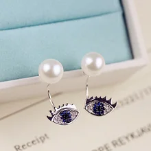 Moda simulado perla pendientes Tiny CZ piedra de cristal azul ojo doble lado trasero cuelgan pendientes mujeres joyería oro blanco Color