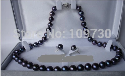 

Jewelry 00909 Genuine AAA ROUND 8-9mm Black Pearl Necklace Earrings Set Cultured Freshwater (0430)