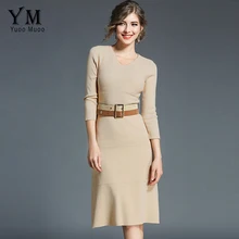 Yuoomuoo новые женские осень-зима элегантная деловая модельная одежда с поясом Повседневное трикотажные дамы Бизнес работы платье приталенного облегающее платье
