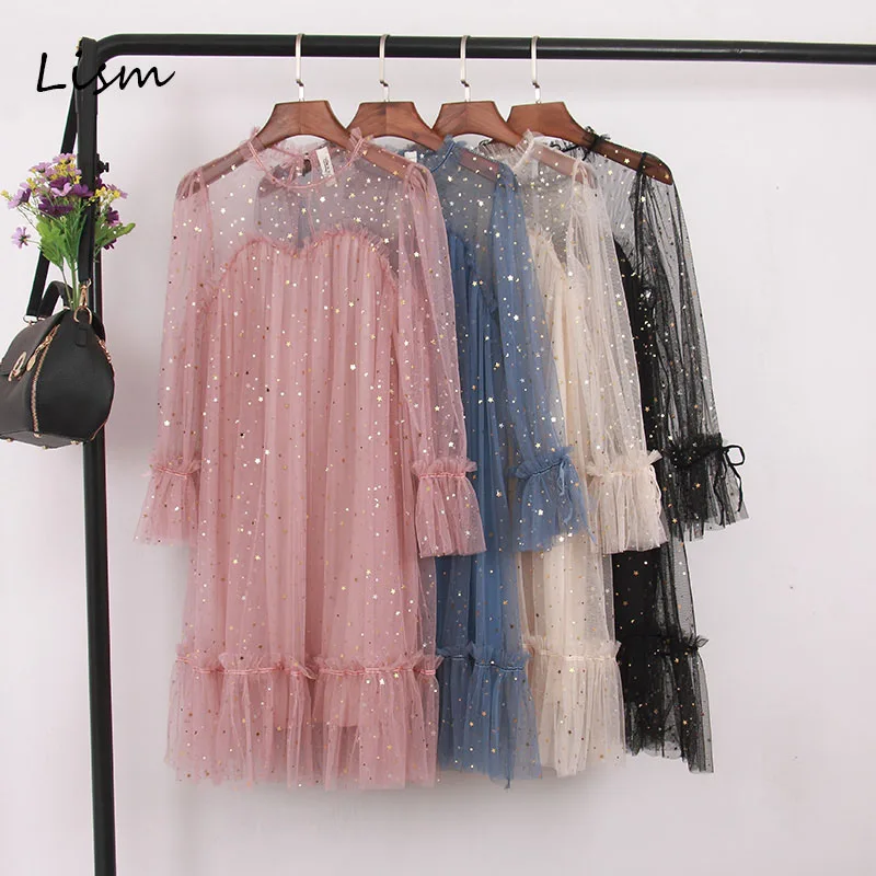 

LISM Sexy Maxi See Through Mesh Summer Dress 2019 Elegant A Line Style Flare Sleeve Robe Femme Korean Spring Ruffle Female Dress
