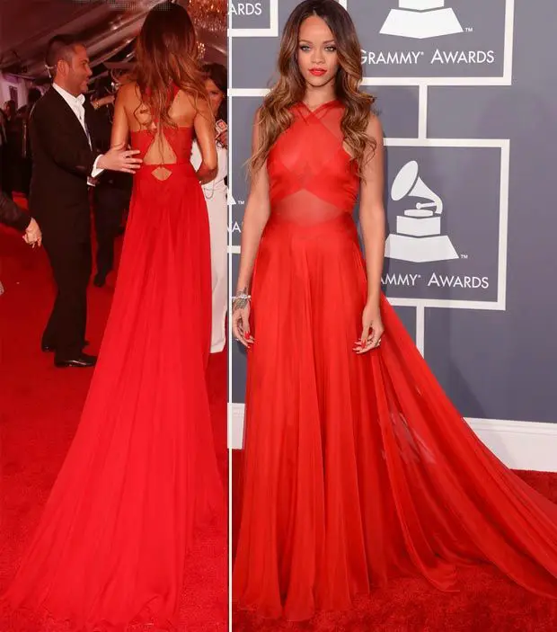 

Rihanna Hot Sale Red Chiffon A-Line Grammy Celebrity Dresses Fashionable Halter Sleeveless Pleat Hollow Back Long Evening Dress