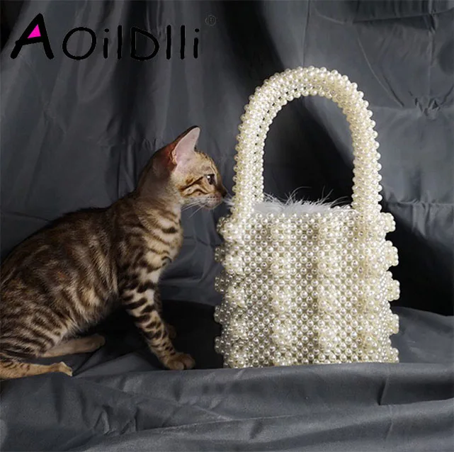 Handmade Pearl Lady Tote Luxury Handbags Small Box Evening Bag Fashion Vintage Female Top-handle Purse Chic ins Box Bag Brand
