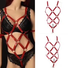 Для женщин Жгут Кожаный Красный Полный клетка бюстгальтер тело Рабство Женское белье набор кадров подвязки в готическом стиле и стиле панк ремень плюс Размеры Фетиш фестиваль одежда