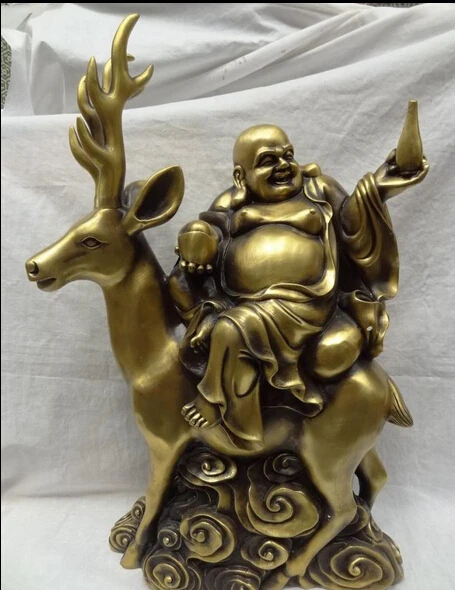 

shitou 001864 22" China Bronze YuanBao Wealth Happy Laugh Maitreya Pot Buddha Statue Ride Deer