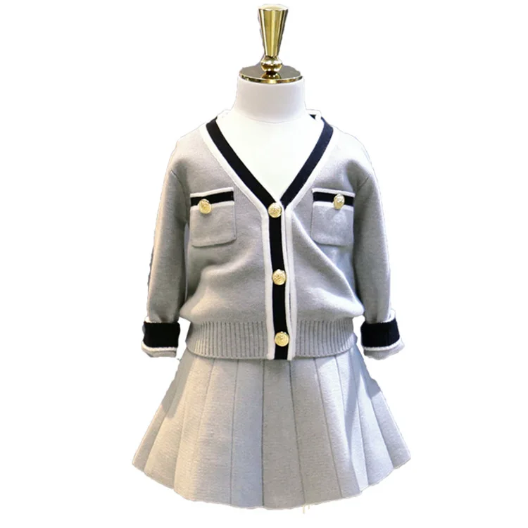

WLG girls spring autumn clothing set kids girl gray v-neck long sleeve sweater and ruffle skirt set children clothes 2-6 years