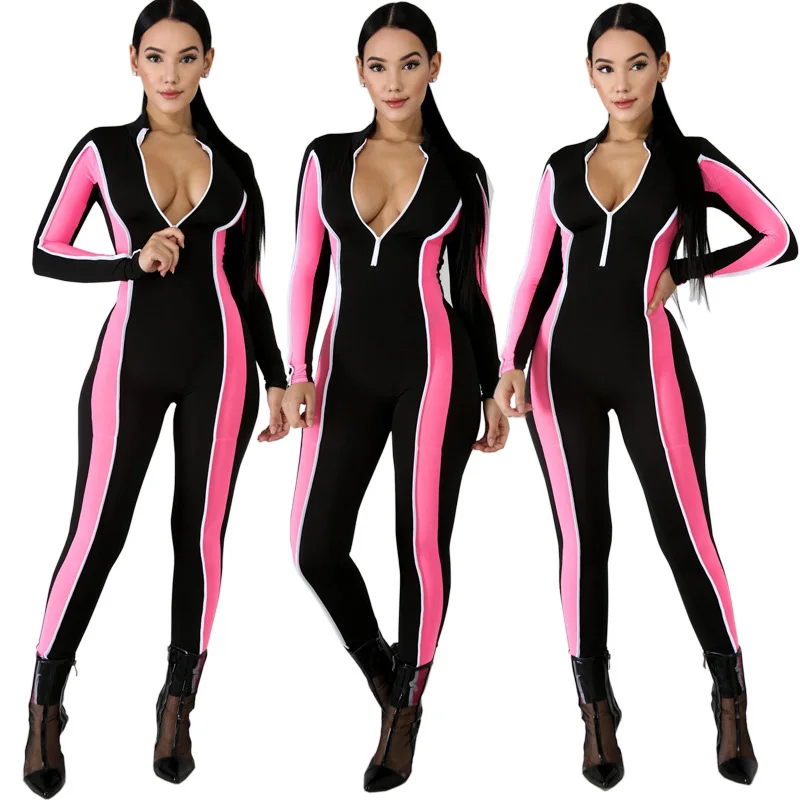 Echoine Summer Woman Playsuit Color Patchwork Fitness Overalls Long Sleeve With Zipper Long Pants Fashion Jumpsuit For Women Echoine Summer Woman Playsuit Color Patchwork Fitness Overalls Long Sleeve With Zipper Long Pants Fashion Jumpsuit For Women