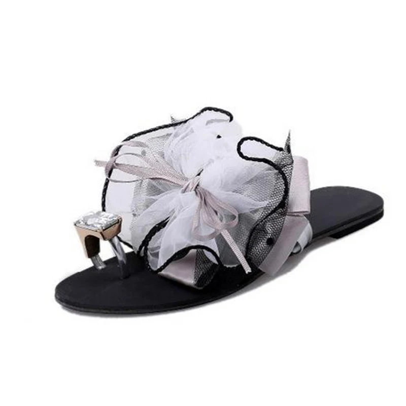 Женские сандалии на плоской подошве с бантом и цветочным принтом модные пляжные