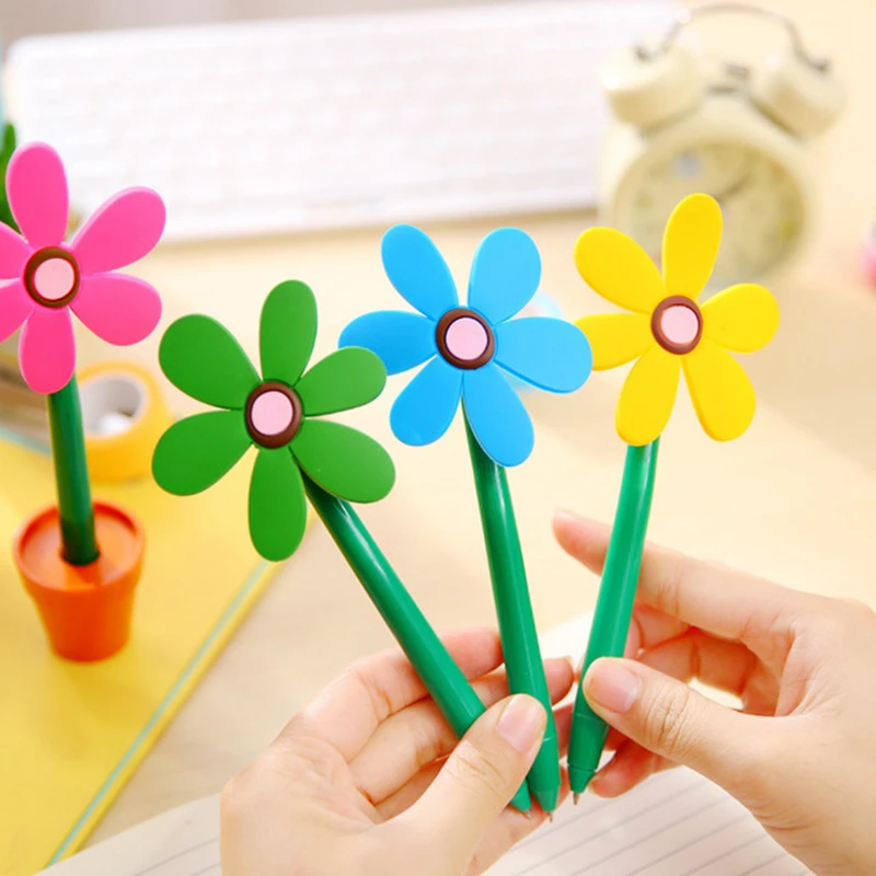 

YDNZC Unique 5 Colors Creative Sunflower Ballpoint Pen Lovely Flower Pot Shape Ball Pen Blue Ink Refill Office School Stationery