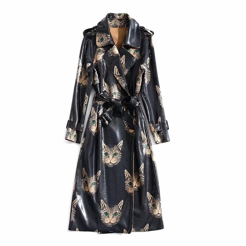2018 Casual Impression Trench En Ceinture Femmes Réglable Long Mode Chat De Pardessus Pu Cuir Manteau Nouvelle Haute Mignon Qualité FwxaqIqf