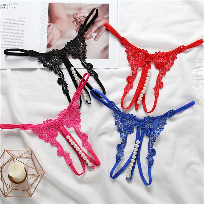 Women Crotchless Panties Low Waist Embroidery Thong With Beads Female Sexy Erotic Panties G Strings Women Briefs Open Crotch 29