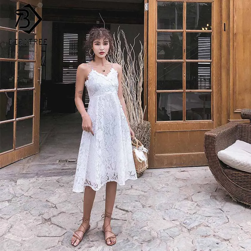 

2019 Summer New Arrival Women's Lace Backless Sling Elegance High Waist Metal ring Sleeveless Ruffles V Neck Sexy Dress D8D702I