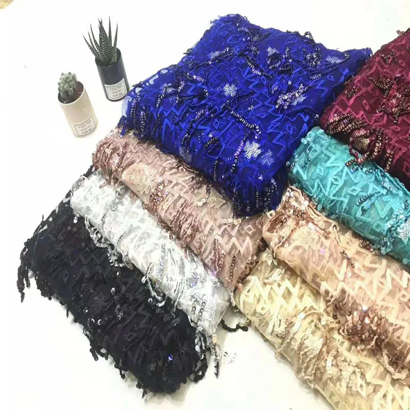 

2018 high quality French Nigerian sequins net lace,African tulle mesh sequence lace fabric for party dress 5yards/lot H1256
