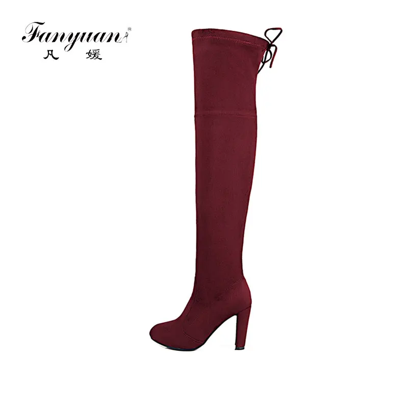 

Fanyuan Over The Knee Boots Women Winter Botas 9 CM High Heeled Ladies Thigh High Boots Flock Stretch Long Boots Big Size 34-43