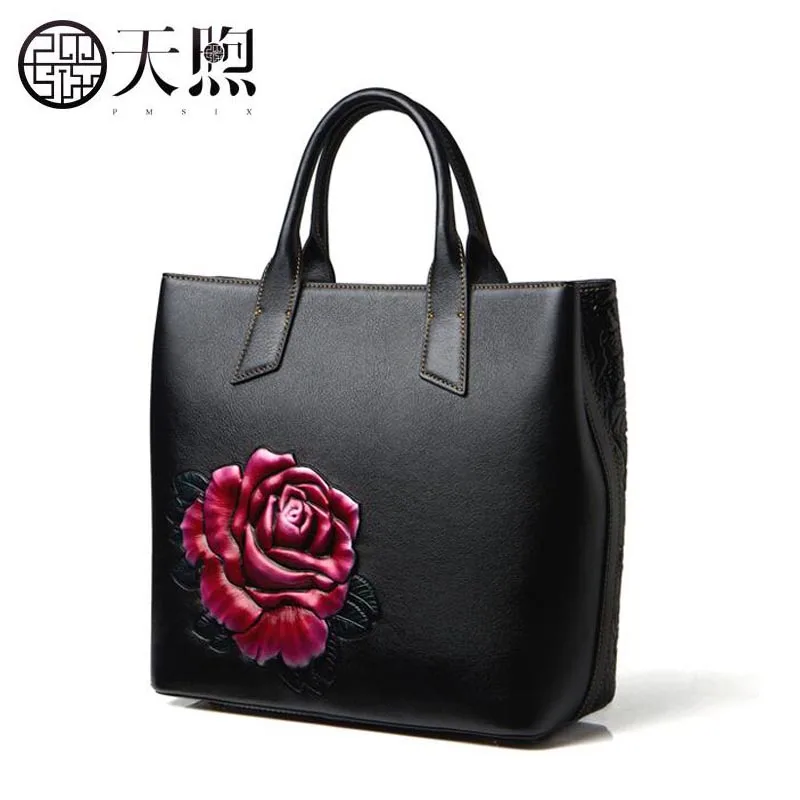 

Pmsix high-end top layer cowhide handbag ladies handbag Chinese wind capacity embossed shoulder bag women Messenger