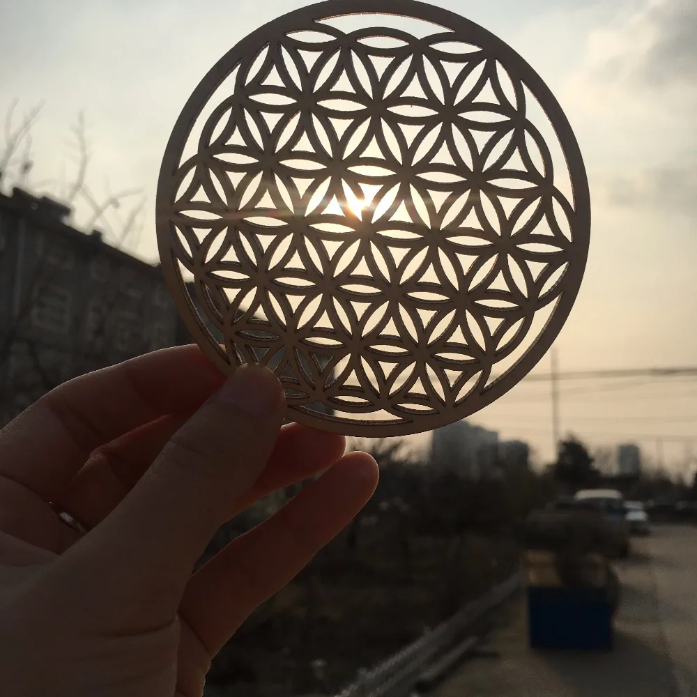 Flower of life energy mat wood slice base purification crystals healing disc as coaster for home wall decor 80-90mm | Дом и сад