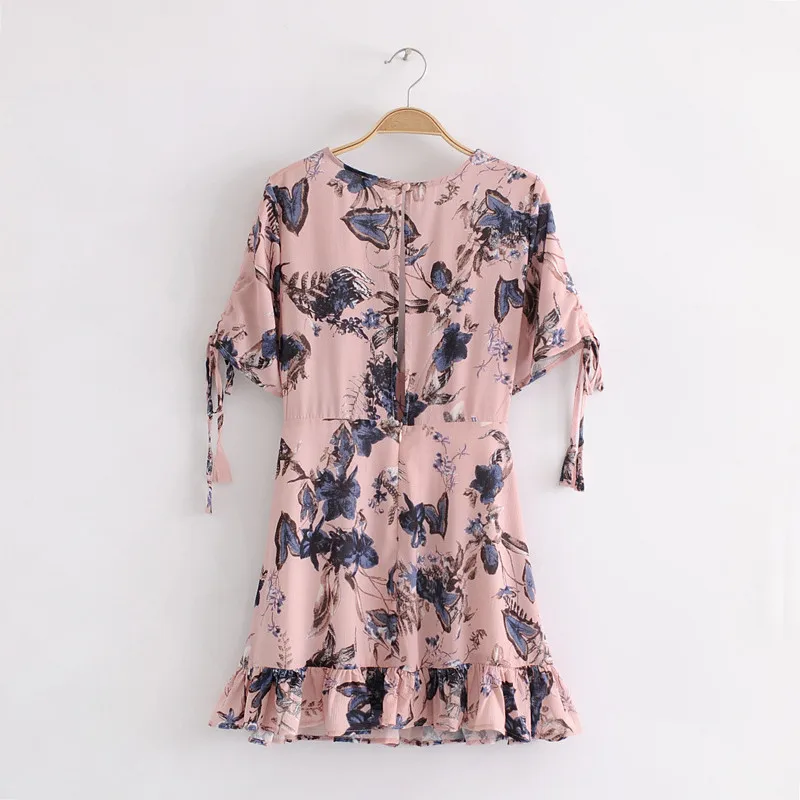 Floral Summer Dress short sleeve 2018  Slim Waist Lace Up Dress Women Backless V neck Elegant Bohemian Vestidos 13