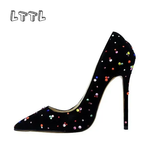 LTTL zapatos mujer; черные замшевые туфли со стразами; женские туфли-лодочки с острым носком; туфли на шпильке 12 см; цветные кристаллы; свадебные туфли