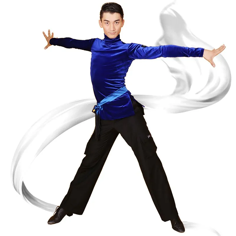 Male Latin Dance Shirts high Neck Ballroom Blue Dance Tops Sexy Men