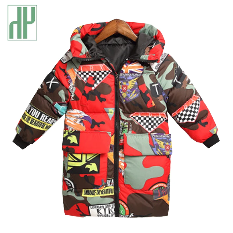 

HH Toddler Boy winter jacket coat Hooded Graffiti Camouflage parka girl snowsuit children kids Thick teenage long down jacket