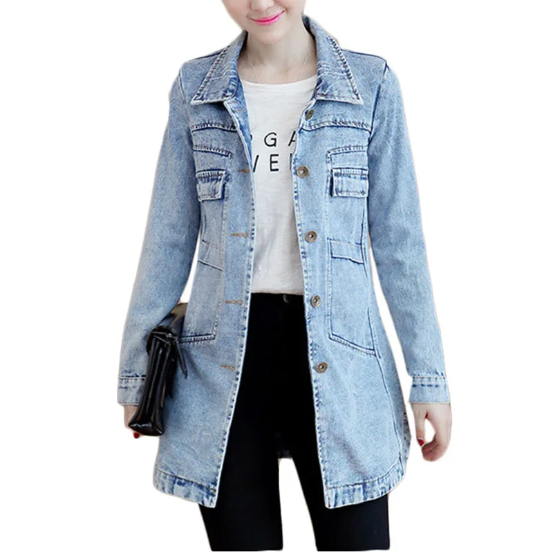 awesome Autumn Winter Korean Denim Jacket Women Slim Long Base Coat Women's Frayed Navy Blue Plus size Jean