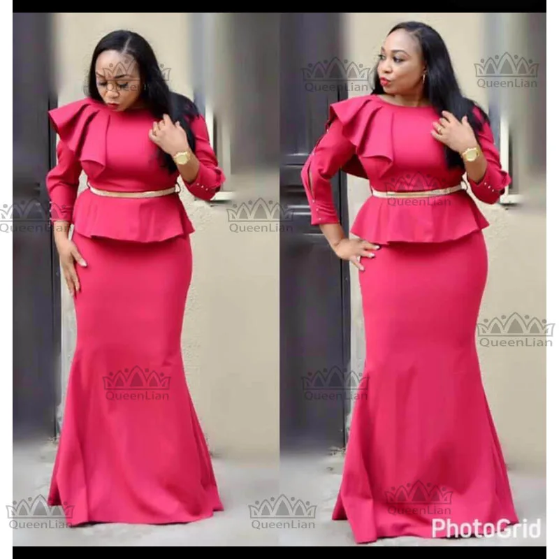 

2017 African CLothing Fake Two Pcs Long Dress WIth Belt Dew shoulder For Lady (CP08#)