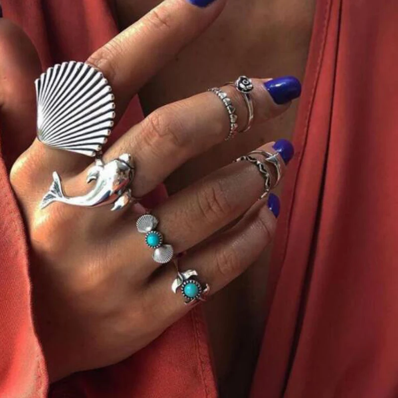 

Tocona Boho Exaggeration Big Shell Silver Color Dolphin Midi Finger Ring Set For Women Metal Punk Green Rhinestone Ring 7069