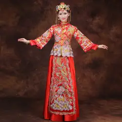 2018 высокое качество Китайская традиционная свадебное платье красный Cheongsam вышивка Qipao длинные восточные Стиль Vestido De Китай