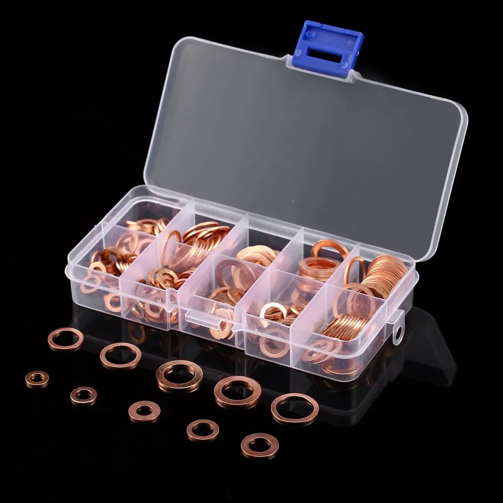 

200Pcs Solid Copper Washer Flat Ring Sump Plug Oil Seal Assorted Set Box Automotive And Small Engine Repairs Tool