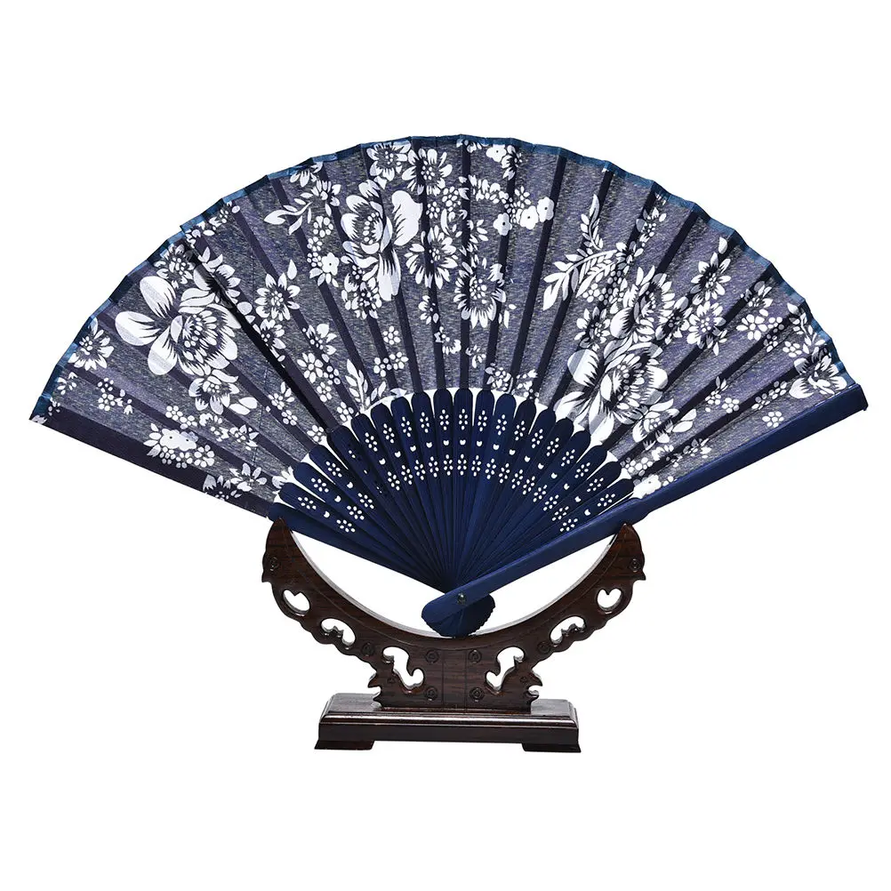 Синий тканевый Ручной Веер прохладный летний классический цветочный дизайн китайский стиль с окрашенной голубой бамбуковой рамкой Свадебный декор