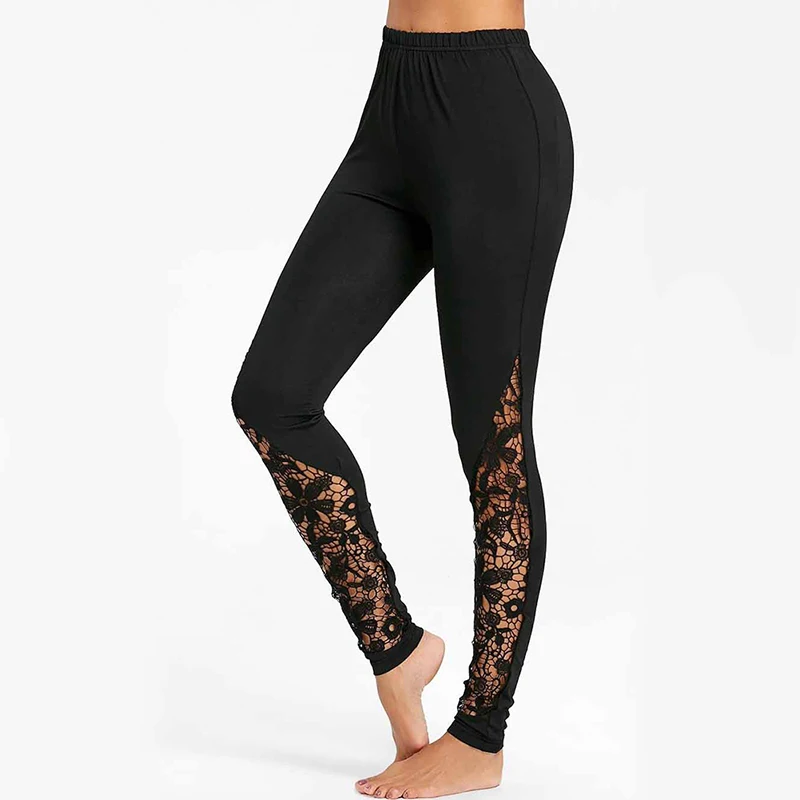 Sexy Elegant Sheer Floral Lace Insert Skinny Leggings Summer Women