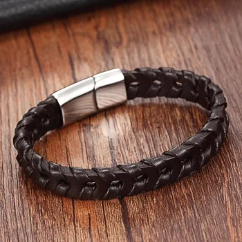 

XQNI Interlocking&Winding Black/Brown Color Genuine Leather Bracelet Hollow Design Rope Chain Bangle For Men Birthday Party Gift