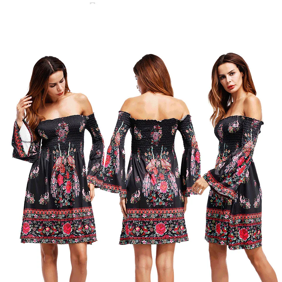 Летнее пляжное платье сексуальное с открытыми плечами новинка принтом Boho