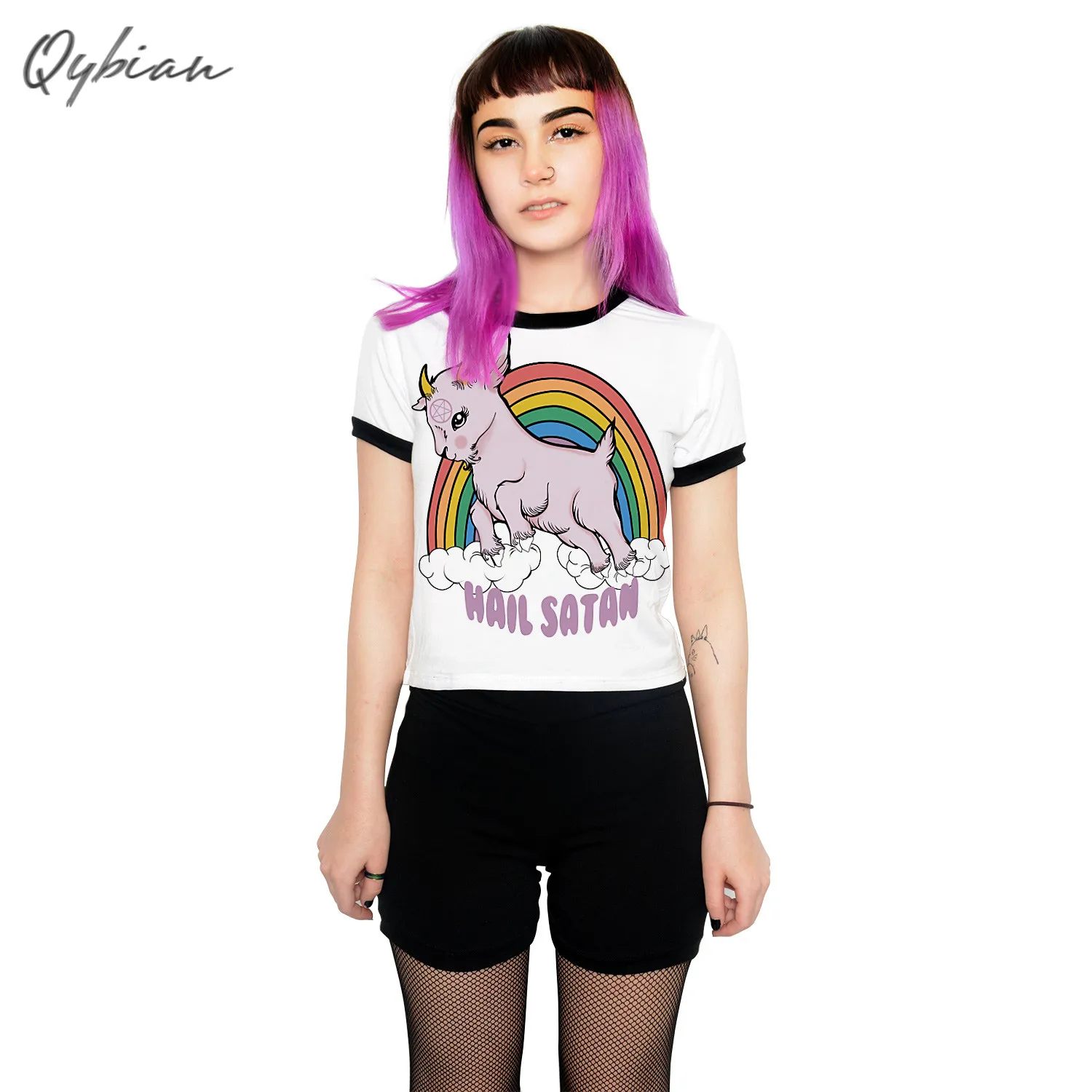 

Fashion Cropped Slim Waist Women T-shirt O-neck Cartoon Rainbow Horse Printed T Shirt 2019 Summer Sexy Short Feminino Crop Top