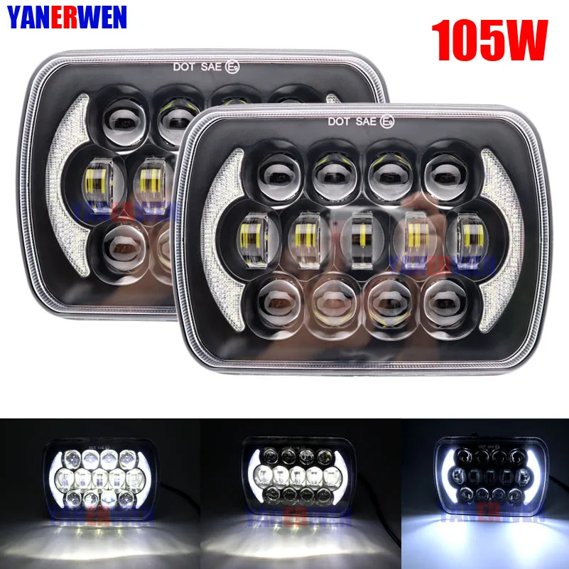 2PCS 105W 5X7 7X6 inch Rectangular Sealed Beam LED Headlight With DRL for Jeep Wrangler YJ Cherokee XJ H6014 H6052 H6054 | Автомобили и