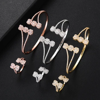 

SISCATHY Shiny Luxury Trendy Women Dubai Jewelry Sets Rosegold Open Cubic Zirconia Bracelet and Rings Gift for Wife Girlfriend