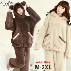 Для женщин Пижама зимний комплект из 2 предметов толстый милый кавайный мультяшный медведь корейский мягкий спальный комплекты одежды с