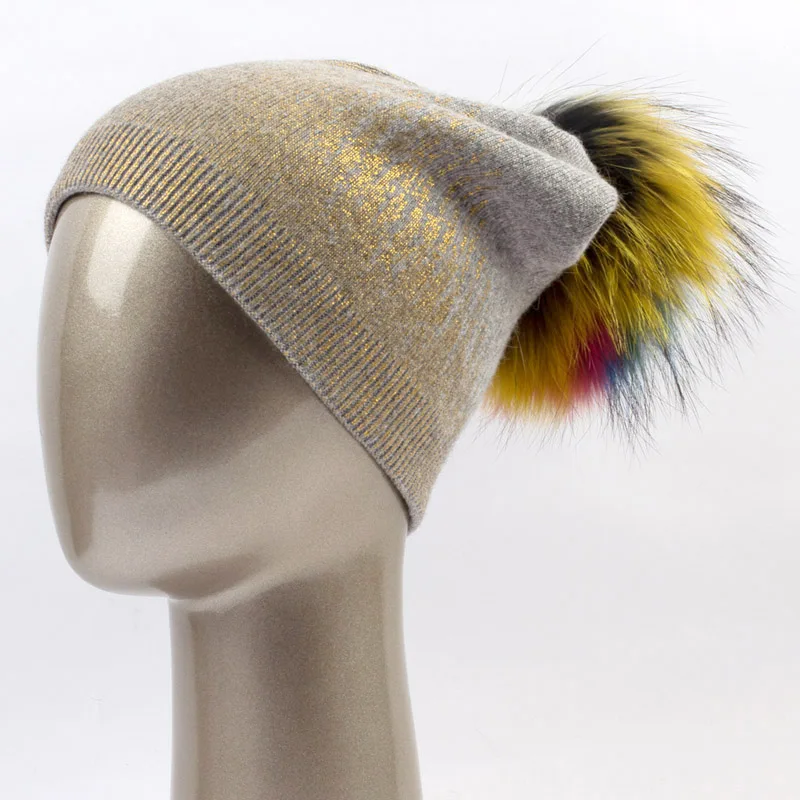 Geebro/зимняя женская шапка с принтом, серебряные и золотые шапочки, повседневный теплый шерстяной вязаный головной убор с настоящим меховым помпоном, Женская кашемировая шапка - Цвет: Gold Gray C