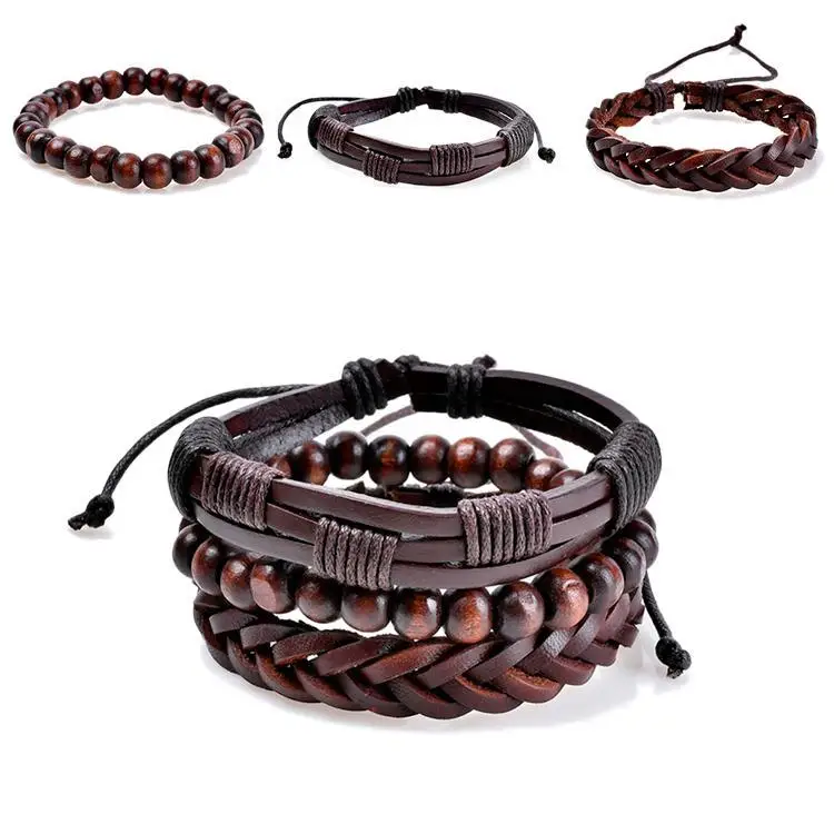 3Pcs/Set Fashion Hand Made Charm Pu Leather Bracelet Wood Bead Jewlery Friendship Gift | Украшения и аксессуары