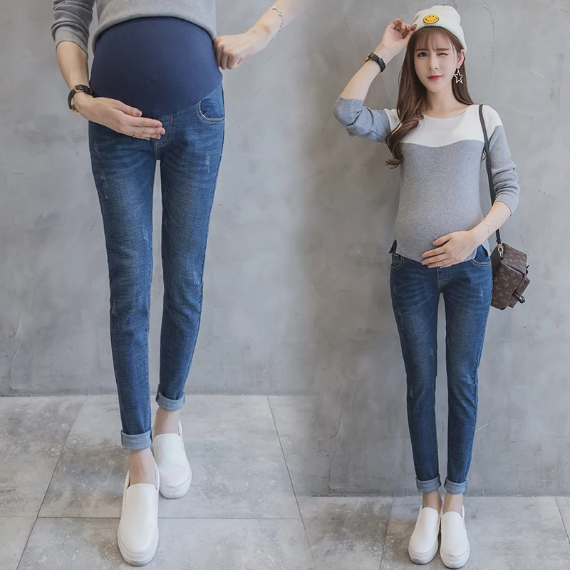 

1204# Elastic Waist Belly Denim Maternity Jeans Suit for Four Season Wear Pencil Trousers Clothes for Pregnant Women Pregnancy