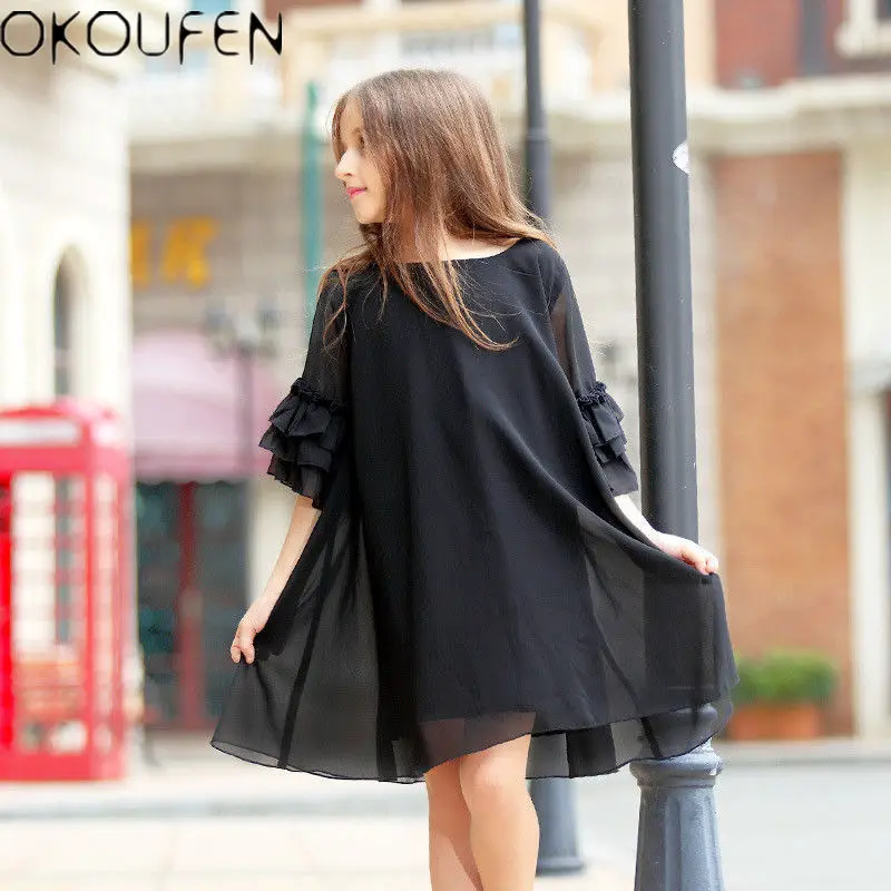 

Kids Teenage Girls Princess Party Dress Flare Sleeve Black Loose Chiffon Dresses