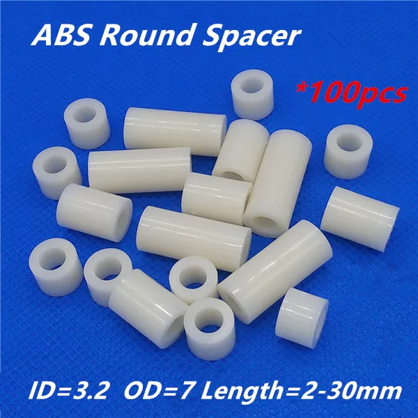 

100pcs M3 White Nylon ABS Round Hollow Non-Threaded Standoff Spacer PCB Board Screw Bolt Long Washer ID=3.2 OD=7