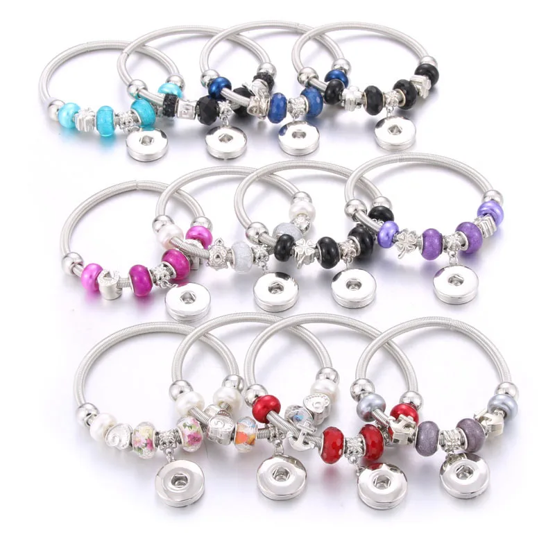 

12 Colors Elasticity Snap Button Bracelet Beads Snap Bracelet Fit 18mm Snap Buttons Jewelry Natural Stone Beaded Bracelet