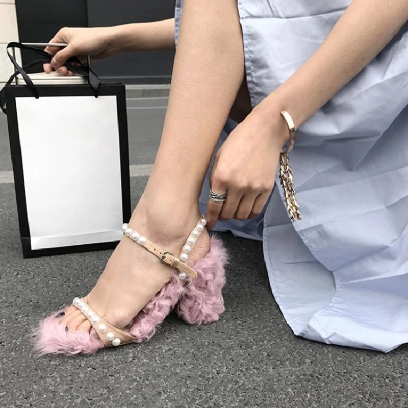 

Hanbaidi Women Sandals Woolen Fur High Heel Sandals Woman Open Toe Pearl Ankle Strappy Gladiator Sandals Runway Celebrity Shoes