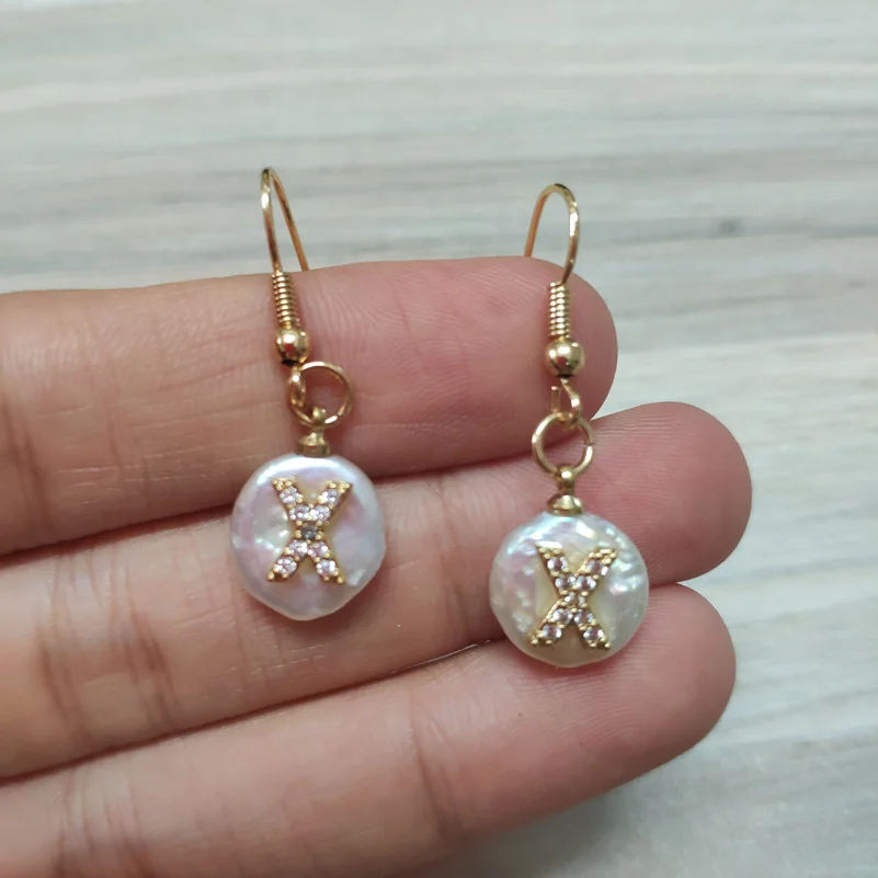 

gold white CZ crystal initial 26 alphabet letter ABC name charm coin freshwater pearl bead drop earring for women wedding gift