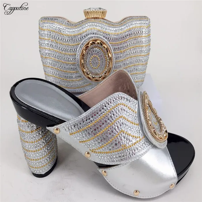 

Fashion silver with rhinestones design lady's high heel shoes and evening handbags sets for wedding/party 226-7