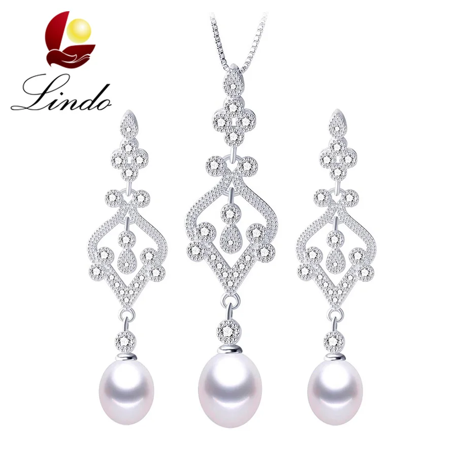 

Romantic Fashion Brand Luxury 925 Sterling Silver Jewelry Sets Women Elegant Real Natural Freshwater Pearl Pendant+Long Earrings